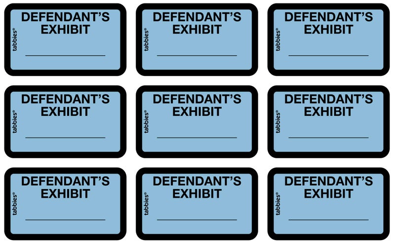 Tabbies Legal Exhibit Labels  Defendant's Exhibit  1.63 X 1  Blue  9/Sheet  28 Sheets/Pack  252 Labels/Pack - Image 2